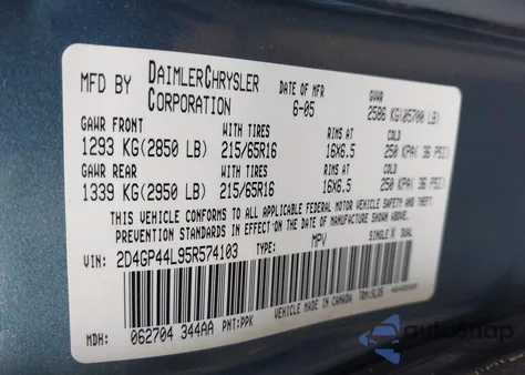 2005 Dodge Caravan z USA, uszkodzony, nr VIN 2D4GP44L95R574103